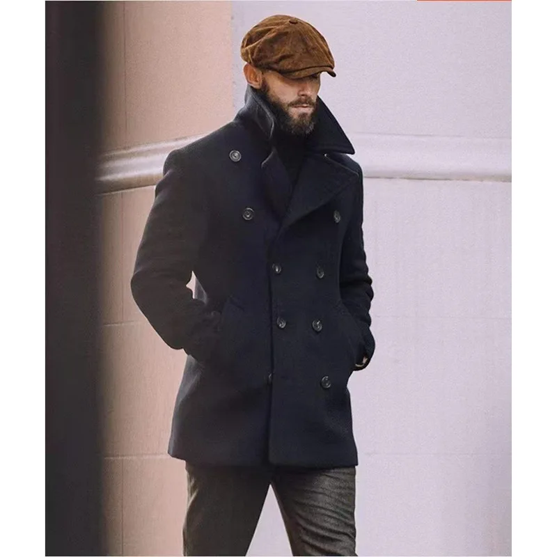 

High qualityNavy Woolen Coat Retro Men's Autumn and Winter High-End Street Shooting Mid-Length Long Sleeve Woolen Coat