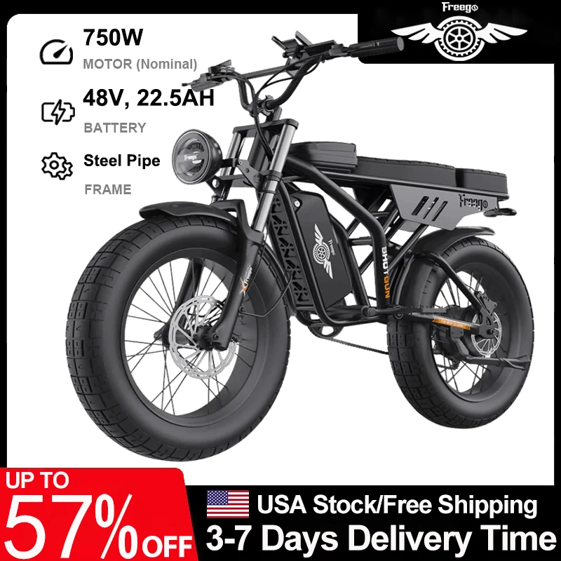 

New FREEGO F2 Pro Electric Cargo Bike 20" Fat Tire Electric Motorcycle Dirt Bike for Adults 7 Speed Dual Hydraulic Brakes E-bike