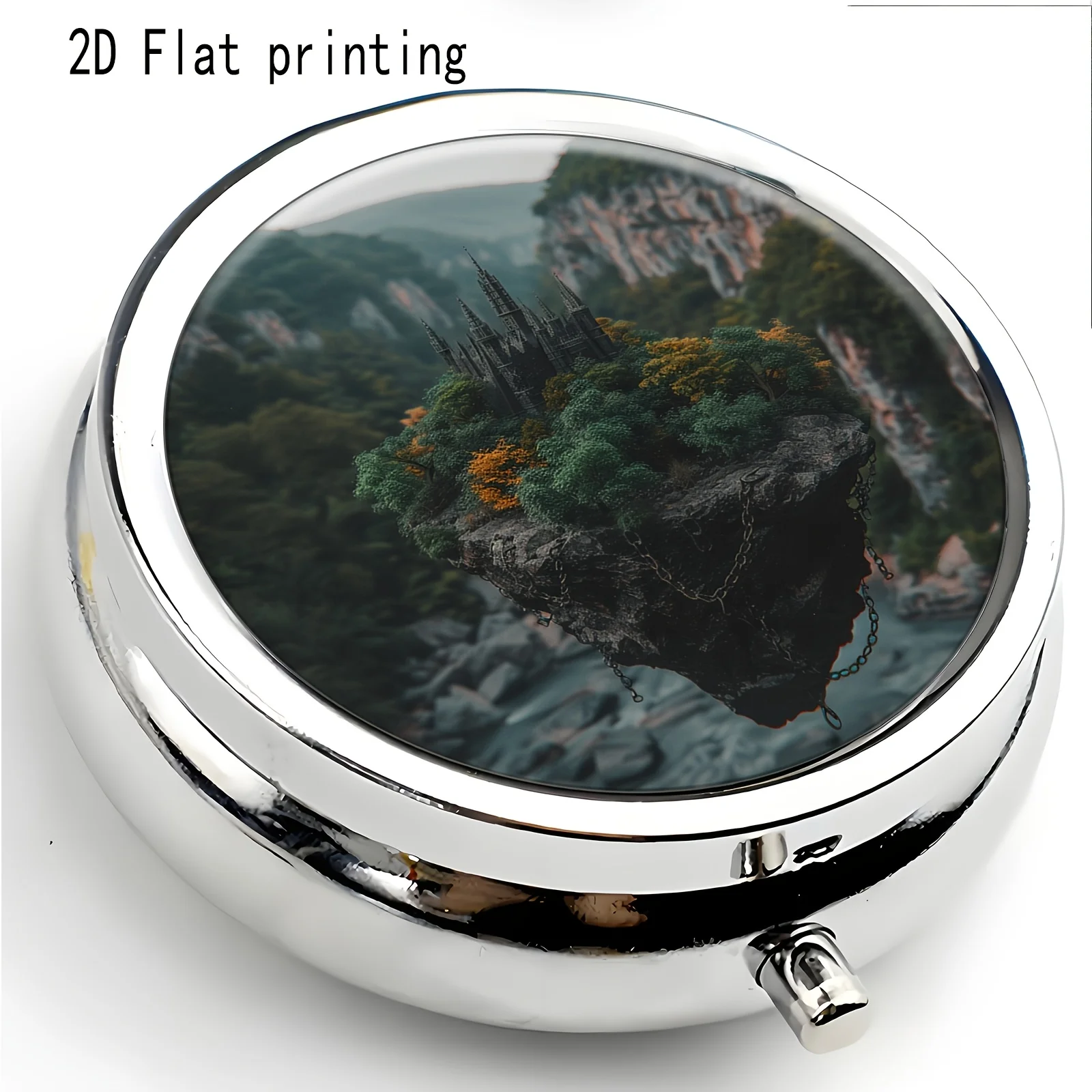 Single pack, flat, round three-compartment box, designed with a floating island landscape circular pattern, portable travel box, warm and joyful, can be used as a beautiful gift for the elderly or girls