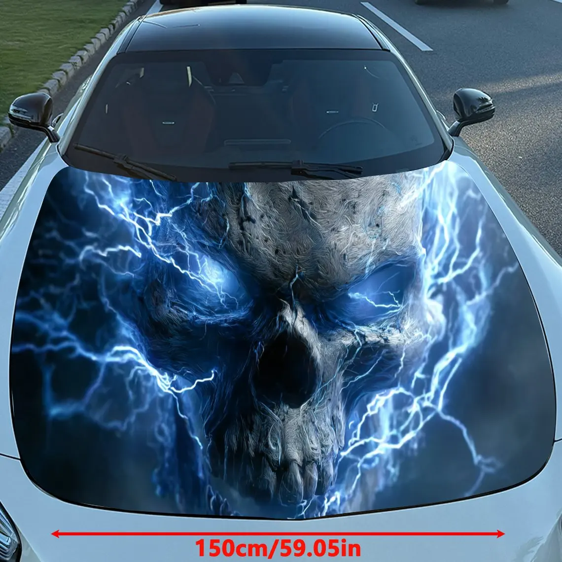 Electric Blue Flame Skull Car Vinyl Wrap, PVC Material Waterproof Car Hood Sticker, Self-Adhesive Scratch-Resistant Stickers for