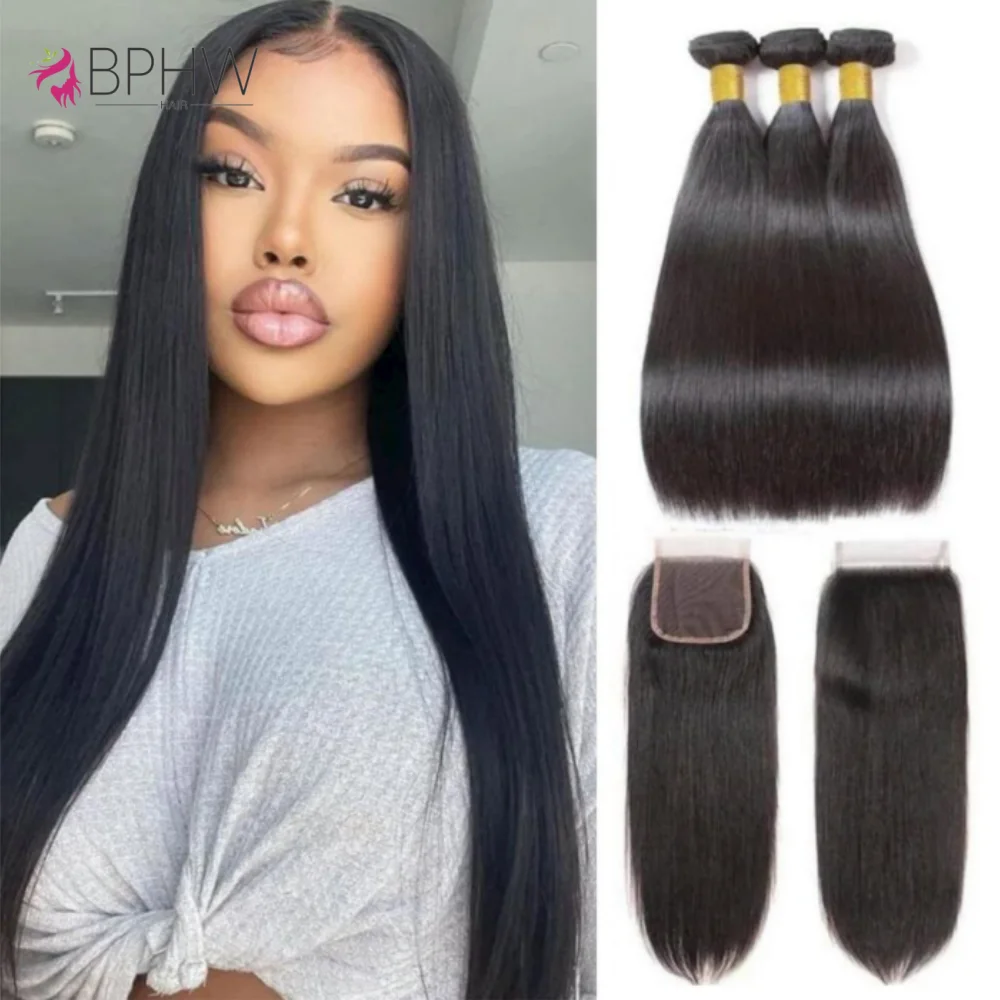 

Прямые 3 пучка с застежкой 4x4 100% необработанные необработанные человеческие волосы, полные и густые 3 пучка с кружевной застежкой 4x4 HD 12A BPHW