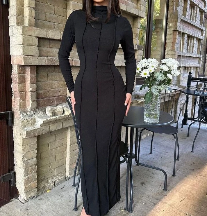 Women's Dress Elegant Trendy Pullover Solid Color Mock Neck Long Sleeve Quilted Long Sleeve Bodycon Slit Maxi One Step Dress