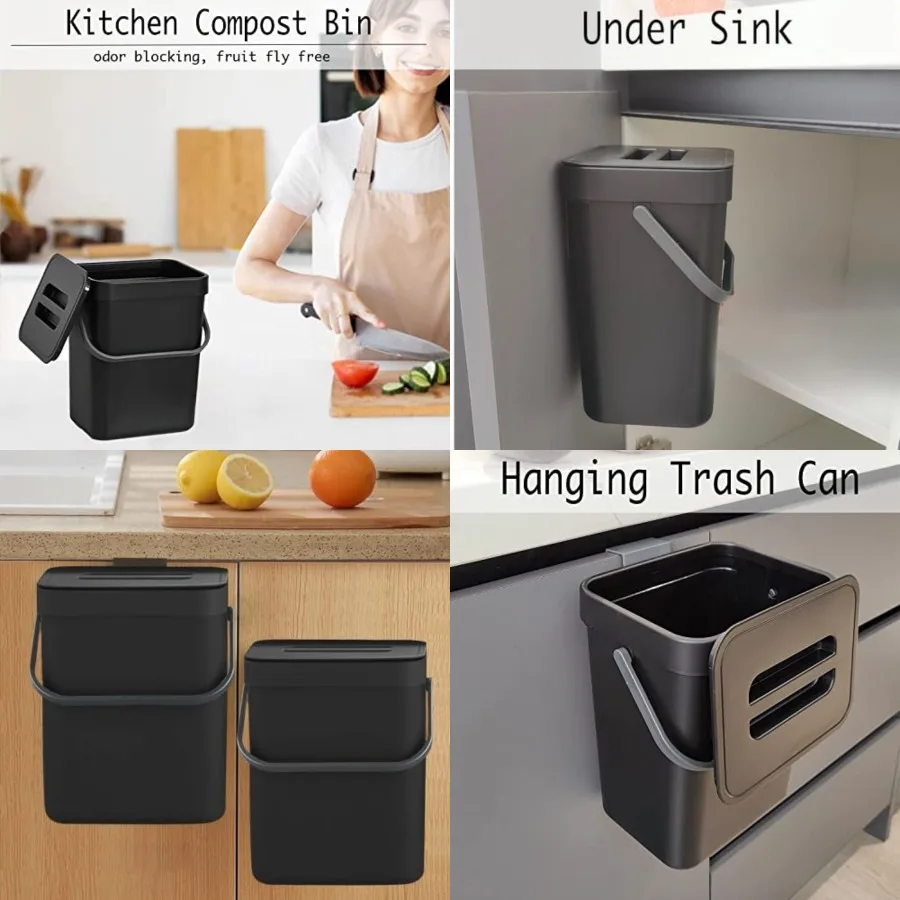 

Countertop Compost Bin with Lid, Hanging Small Trash Can with Lid Under Sink for Kitchen, Food Waste Bin for Countertop, Mounta