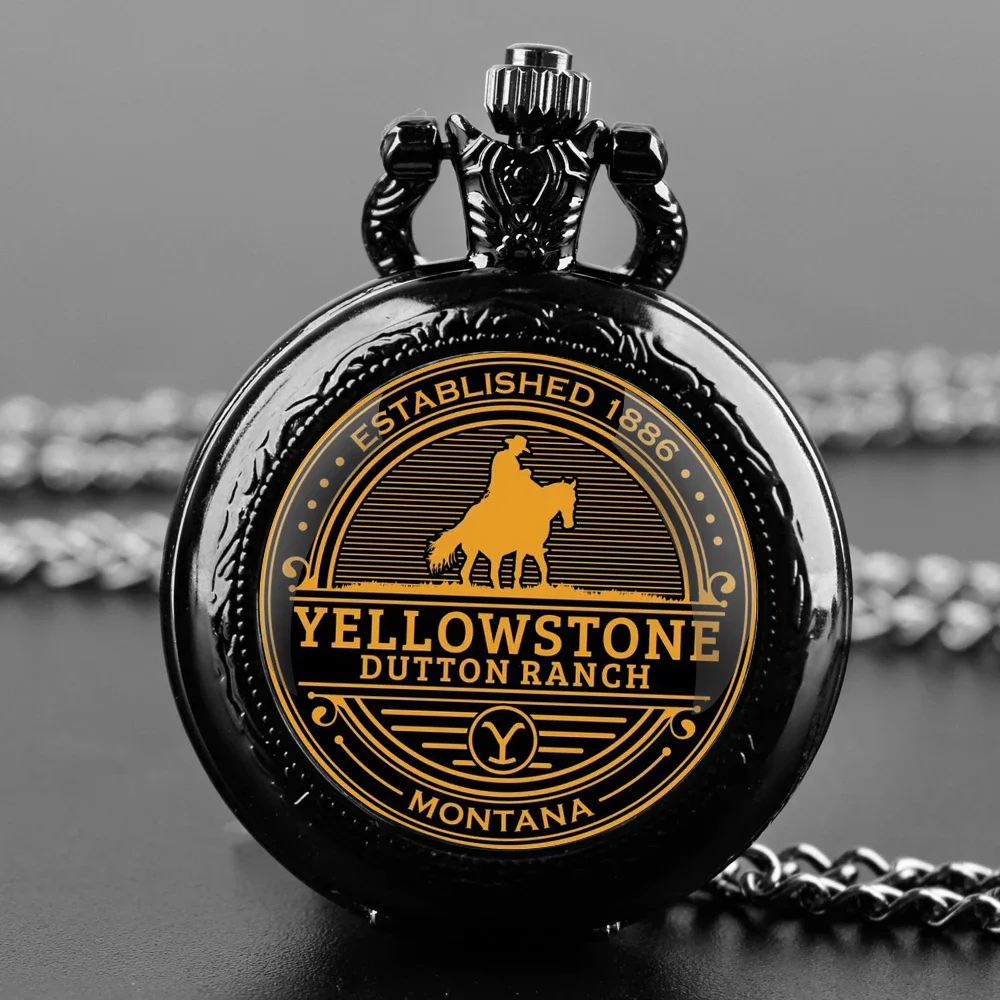 Yellowstone Glass Dome Pocket Watch with Chain Necklace Vintage Quartz Pendant Watches Mens Women Gift