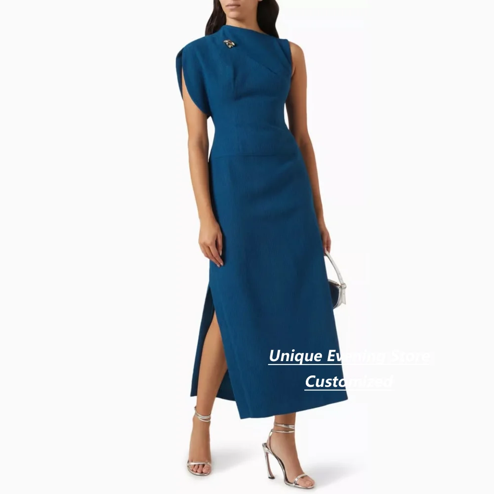 Customized Teal Blue Asymmetric Neck Crepe Midi Dress Sleeveless With Side Slit Mother Of Bride Wedding Guest Office Occasions