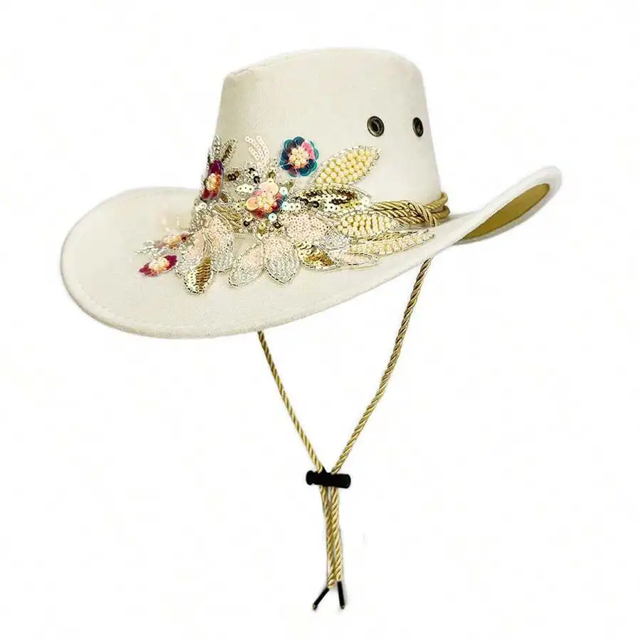 

Women Beige Embroidered Cowboy Hat With Floral Sequins Western Style Sun Hat