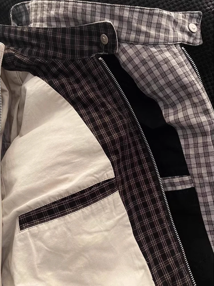 

Retro American Plaid Splicing Workwear Jaet Men's Spring Autumn Cleanfit ort Stand Collar Harlington II Jaet Youth Trend