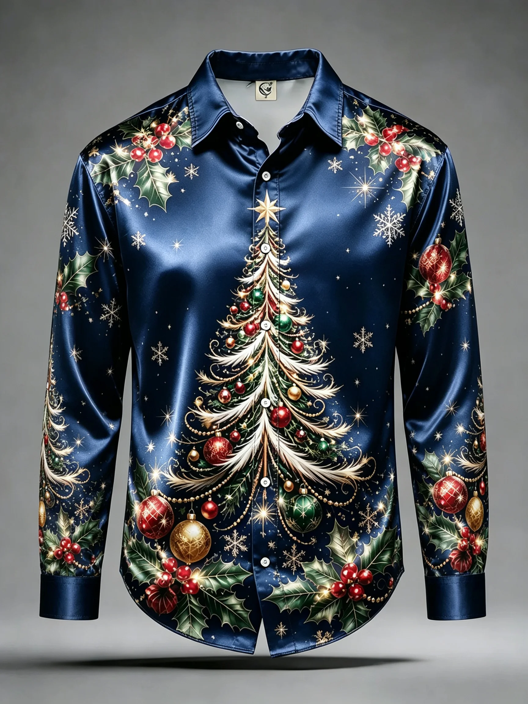 Men Satin Long Sleeve Shirt Christmas Tree Holly Print Button Down Party Dress Shirt