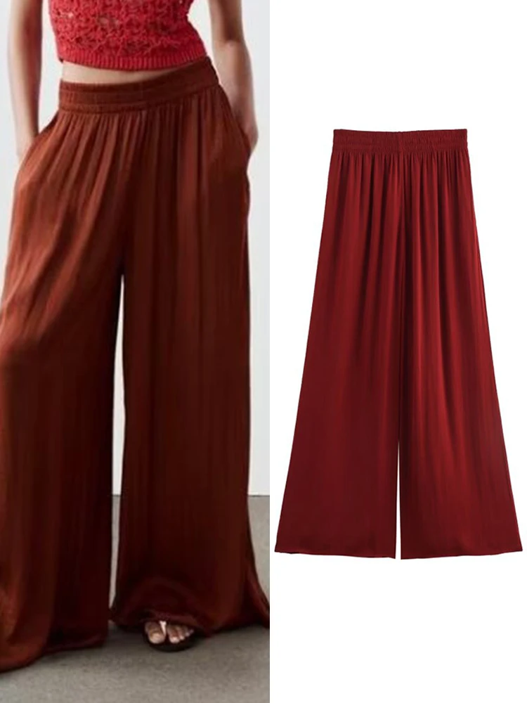 

Women Summer Loose Wide leg pants 2024 Fashion Solid 2-Pieces Sets Satin Female Elegant Street Pant Trousers Clothing