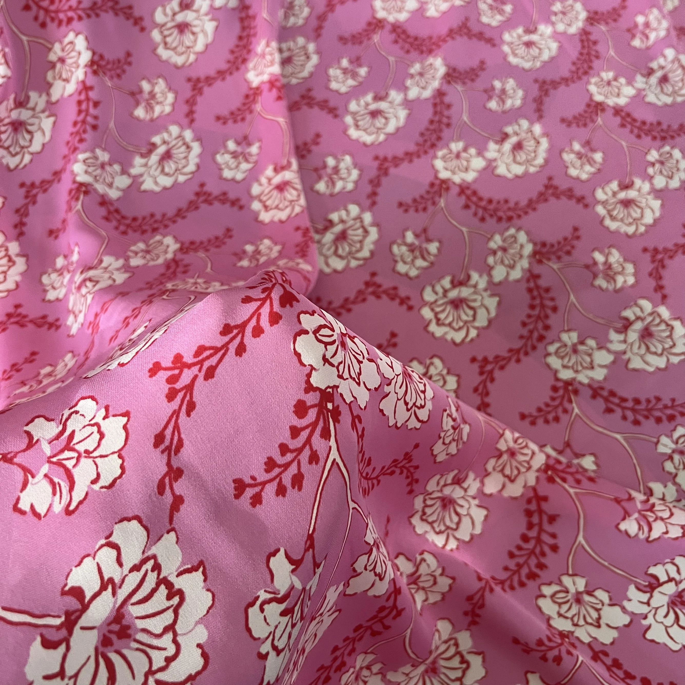 1 meter 100% Mulberry Silk 19 momme Heavy Silk Fabric Pink Flowers Printed 140cm 55