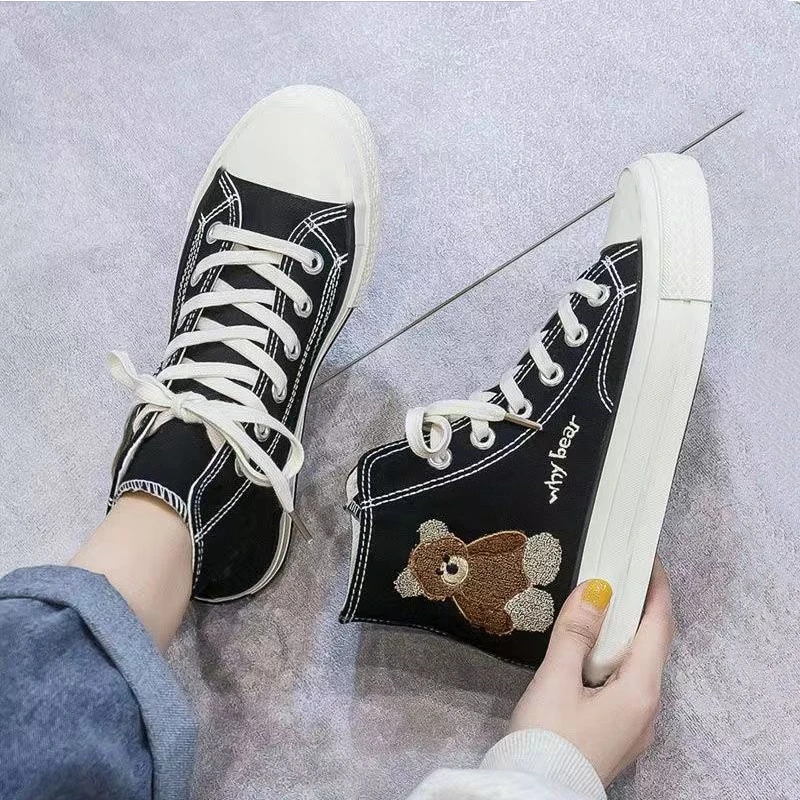 2023 Spring and Autumn New Little Bear Girl Breathable High Top Canvas Versatile Board Shoes