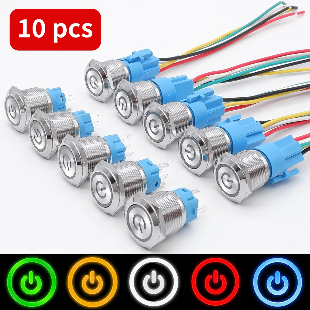 10pcs 16/19/22mm Waterproof Metal Push Button Switch LED Light Momentary Latching Car Engine Power Switch 5V 12V 24V 220V Blue