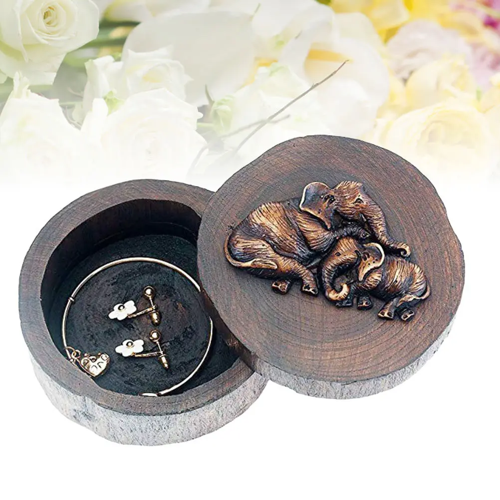 Handmade Natural Elephant Jewelry Box Rotatable Lid Storage Organizer Decorative Wooden Jewelry Storage Case Gift