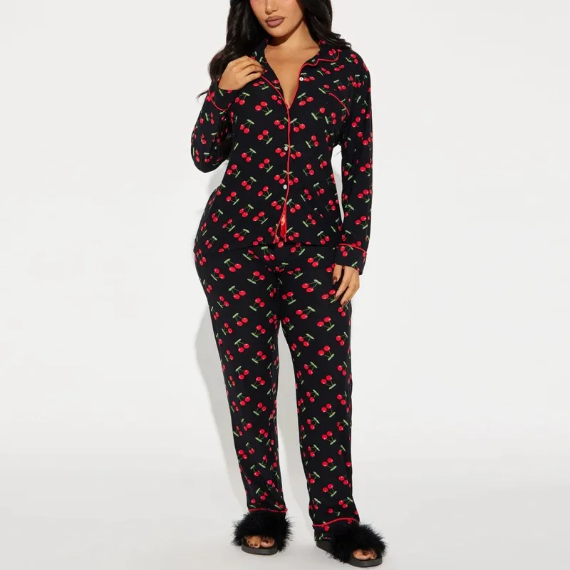 2-delige set dames pyjamaset met print, revers, lange mouwen, top en broek, casual loungewear, nachtkleding