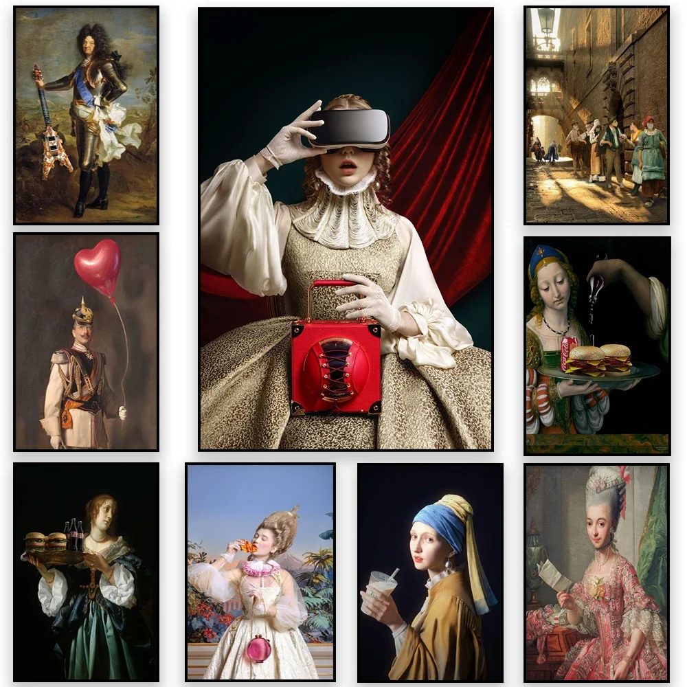 1 póster artístico vintage divertido sin marco, impresiones de retratos de mujeres, retrato de Luis XIV, arte de pared en lienzo, decoración de habitación