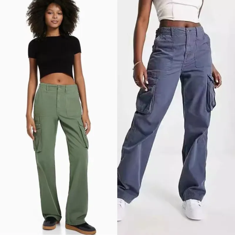 

Y2K Women's Solid High Waist Button Pocket Pants Four Seasons Versatile High Street Casual Hip Hop Straight Leg Wide Leg Pants