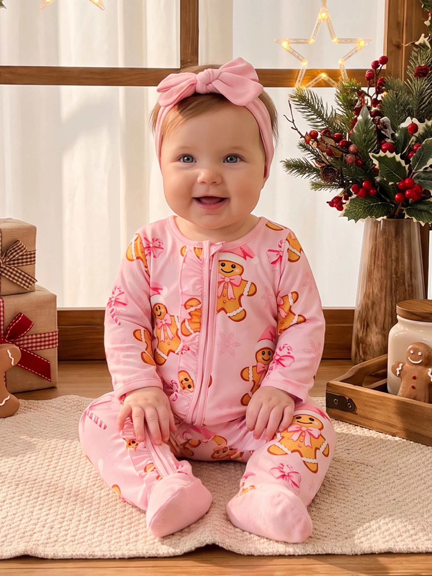 Outfit Gingerbread Man Footies- -Headband Sleeve Sleeve-Gingerbread Christmas Outfit Long Headband Long Sleeve Gingerbread New