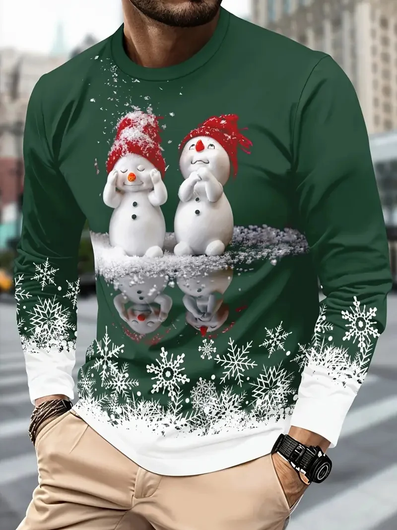 

3D Printed Snowman Graphic Long Sleeve T-Shirt Fashion Santa Clause Pattern O-Neck Pullover Men's Christmas Elements Casual Tops
