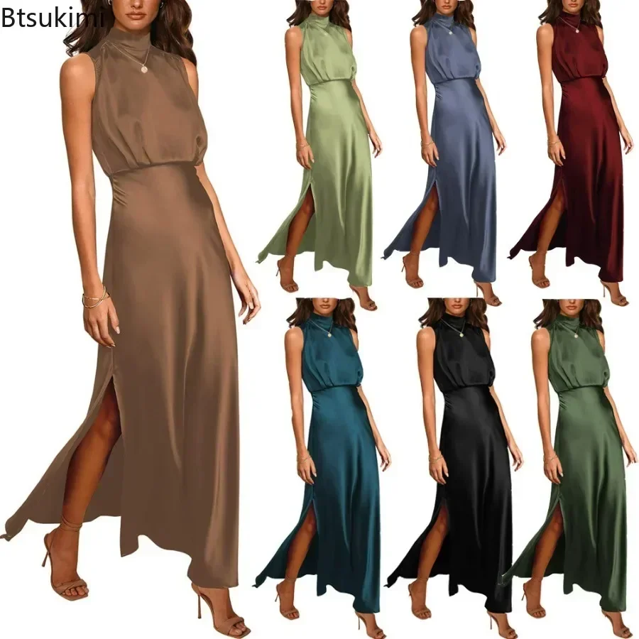 2024 Women\'s Summer Elegant Long Dress Formal Satin Mock Neck Sleeveless Side Slit  Maxi Tank Dress Evening Party Night Dress