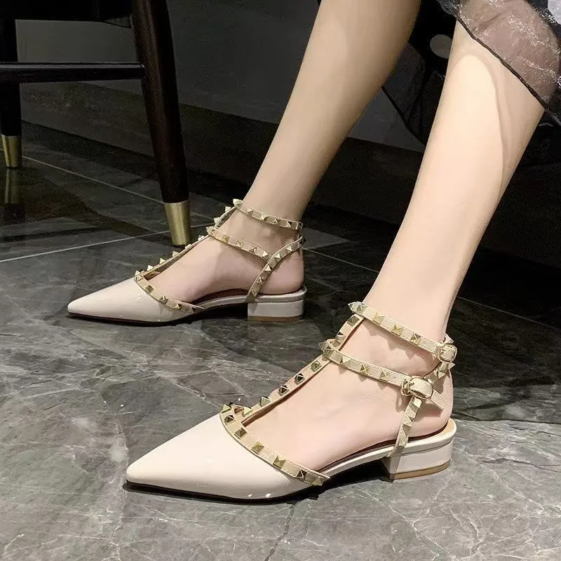 Women Sandals Summer New High-heeled Fashion Brand Design Pointed Rivet Red Heels Sandals Zapatos Mujer Primavera Verano 2024