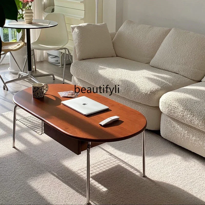 

Japanese Style Oval Coffee Table Living Room Home Stainless Steel Sofa Table Retro Tea Table Bench