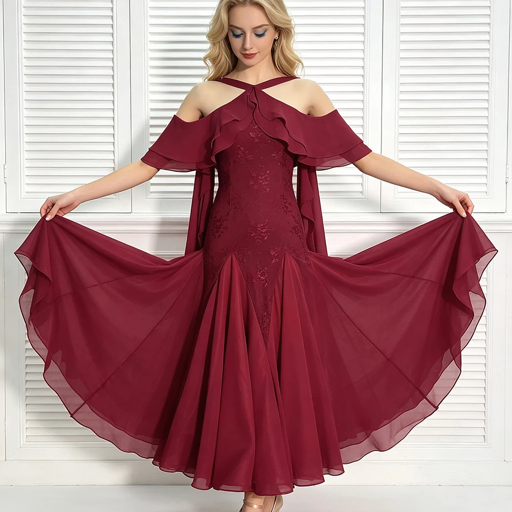Professional Modern Dance Fly Shoulder Sleeve Ballroom Dance Women's Foxtrot Practice Competition Jujube Slim Fit Elegant Dress