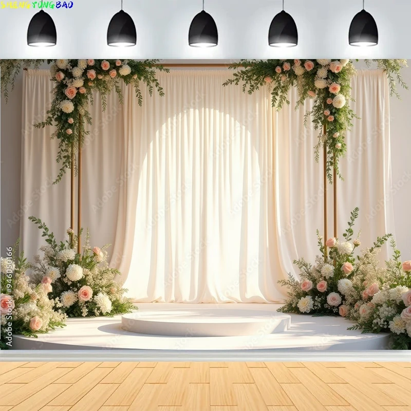 Fundo de palco um casamento elegante rosa floral pano de fundo sonhador cortinas transparentes e flores em cascata photo studio adereços CV-03
