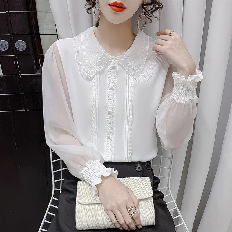 Autumn Long Sleeve Blouse Women Chiffon White Blouse Shirt Tops Women Blusas Mujer De Moda 2024 Blouses Femme Top Shirts F119