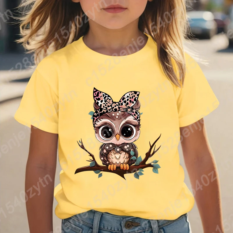 

Owl Leopard Bow Print T-shirts Children Girls Short Sleeve T-Shirt Summer Casual Kids Tee Shirt Round Neck Solid Color Tees Tops