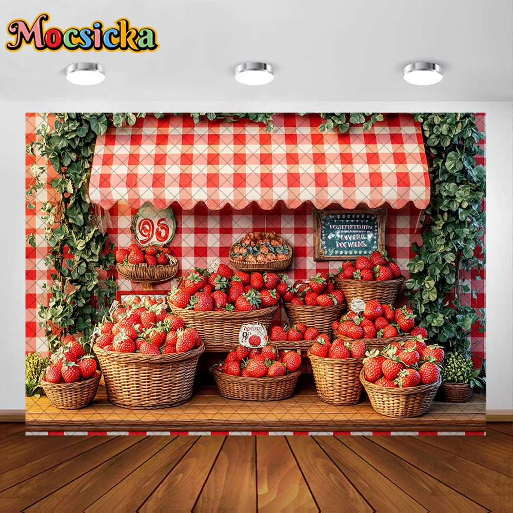 Mocsicka fotografia fundo vermelho morango loja cesta de flores decoração pano de fundo chá de bebê recém-nascido primeiro aniversário baile