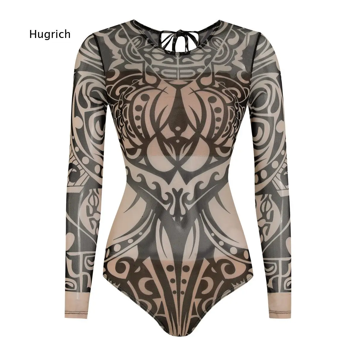 Ladies Tribal Pattern One Piece Bathing Suit Long Sleeve Sheer Mesh with Back Tie Detail for Outdoor Beach and Pool Activities