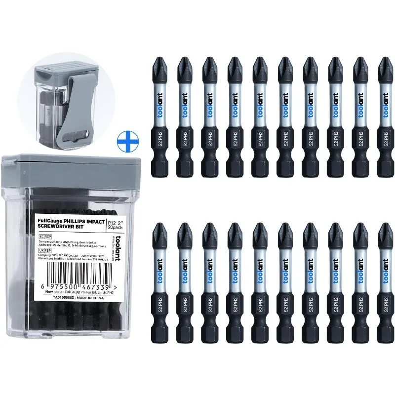 

toolant 2 Inch Phillips Bit#2 Magnetic Anti Slip Impact Screwdriver Bits Set,20pcs Insert S2 Steel PH2 Driver Dit Set with CNC