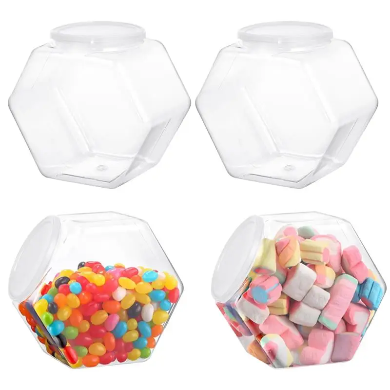 4Pcs/Set Hexagon Plastic Jars Clear Cookie Jars With Airtight Lids Candy Jars Wide Round Mouth Snacks Dog Food Candy Containers