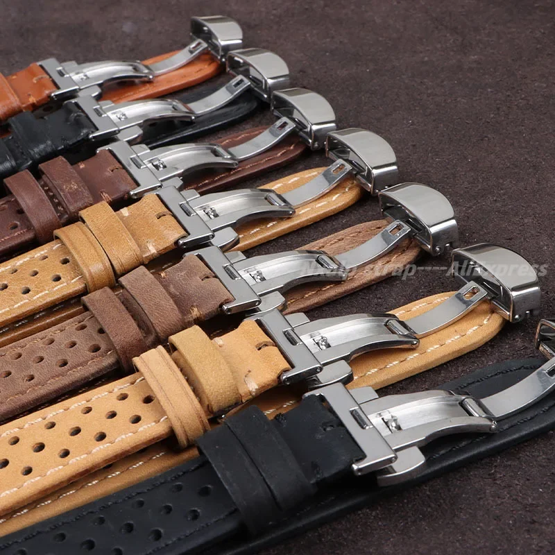 Vintage Cowhide Watchband 18mm 20mm 22mm Breathable Matte&Oil Leather Watch Strap Butterfly Buckle Men Women Universal Bracelet