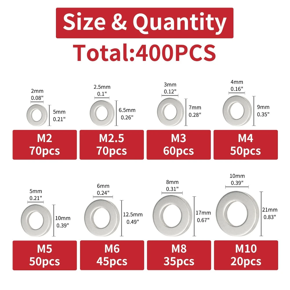 

900 шт. плоских шайб из нержавеющей стали для винтов, 8 размеров: M2, M2.5, M3, M4, M5, M6, M8, M10. Шайбы для промышленного использования, для болтов.