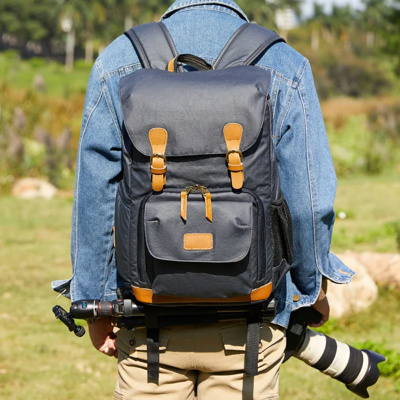 Double-shoulder photography canvas waterproof back SLR camera digital storage bag multi-pocket large capacity work backpack