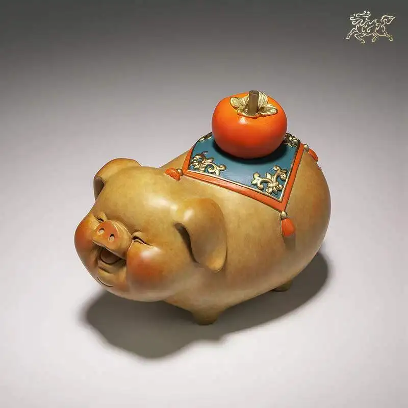 2023  Good omens luck PIG persimmon Mascot ZHU SHI DAJI bronze sculpture Home hall company TOP Decorative ornament