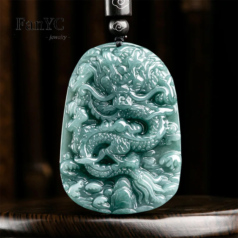 

Natural Jadeite Blue Water Domineering Dragon King Pendant Hand-carved Exquisite Ice Jade Necklace Men and Women Holiday Gift