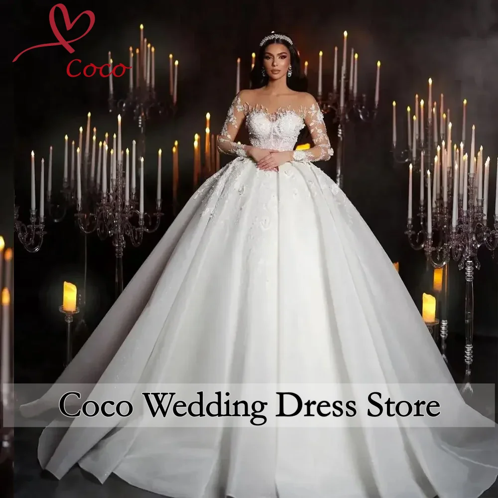 

Customized Ball Gown Illusion Beaded Lace Wedding Dresses Floor Length Full Sleeves Shiny Bridal Gowns