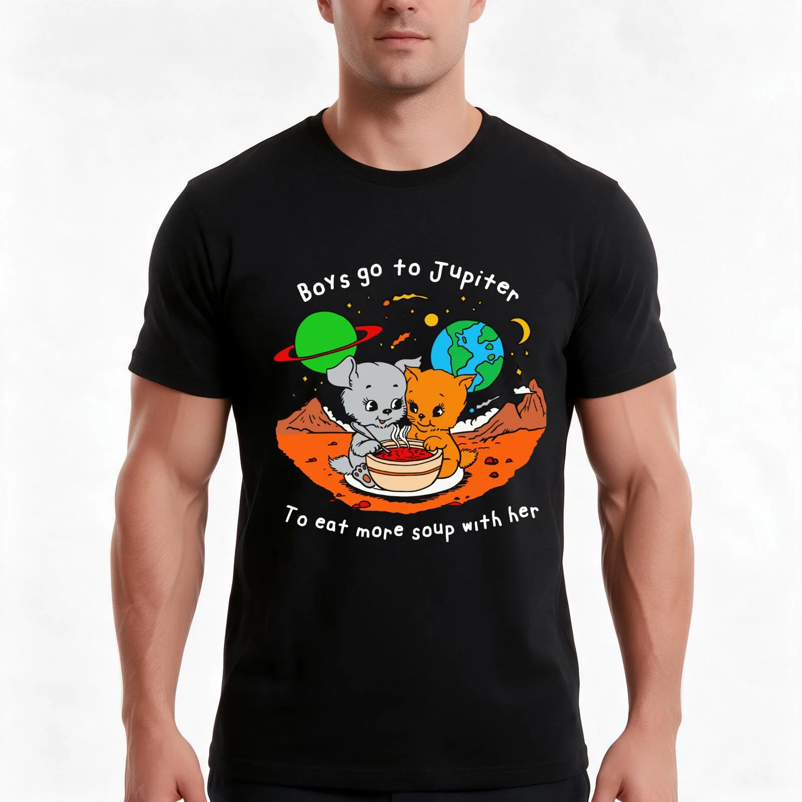 Boys Go To Jupiter to Eat More Soup With Her T-Shirt Summer Casual Cotton Tee Oversized Streetwear Tops Vintage Graphic Print