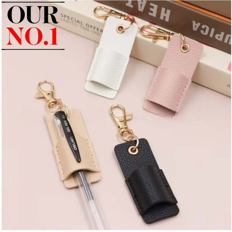 

Customized LOGO Litchi Pattern Pen Set Keychain Blank Laser Engrave PU Leather Office Portable Keyring Personalized Key Chains