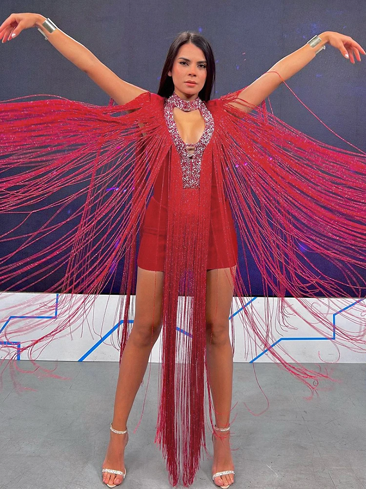 فستان مثير بدون أكمام ورقبة دائرية وشرابة للنساء صيفي نبيذ أحمر مفرغ لامع فستان ضيق للمشاهير والحفلات المسائية #4