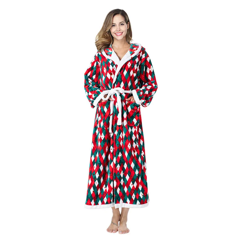 New Arrival Christmas Checkered Bathrobe Wizard Hat Hooded Color Block Lace Up Flannel Nightgown Lingerie Women Pajama Pajamas