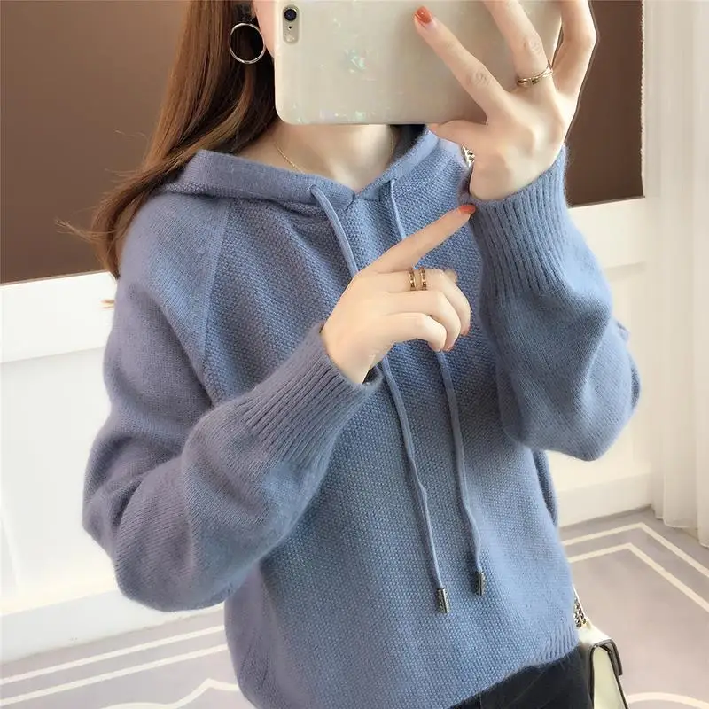 Women's Autumn Sweater Fashion Leisure Preppy Style Hooded Pullover Solid Color Loose Comfortable Versatile Long-sleeved Tops