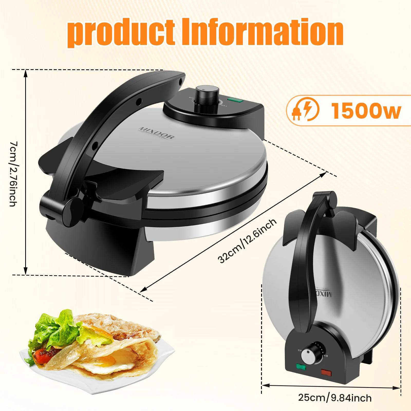 Multifunctional Electric Stainless Steel Automatic Crepe Maker Nonstick Cooking Plate for Pancake and Roti with Removable Handle