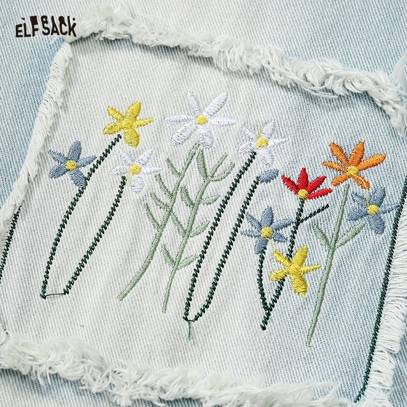 ELFSACK 2025 Summer New Arrivals casual Light-coloured Distressed embroidery wide-leg jeans empire straight embroidery wide-leg