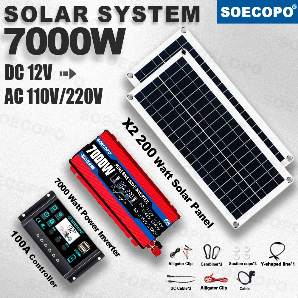 Pure Sine Wave Clean Power 7000W All-in-One Portable Solar Kit 2×200W Panel 100A Controller for RV Boat Remote Power Emergency