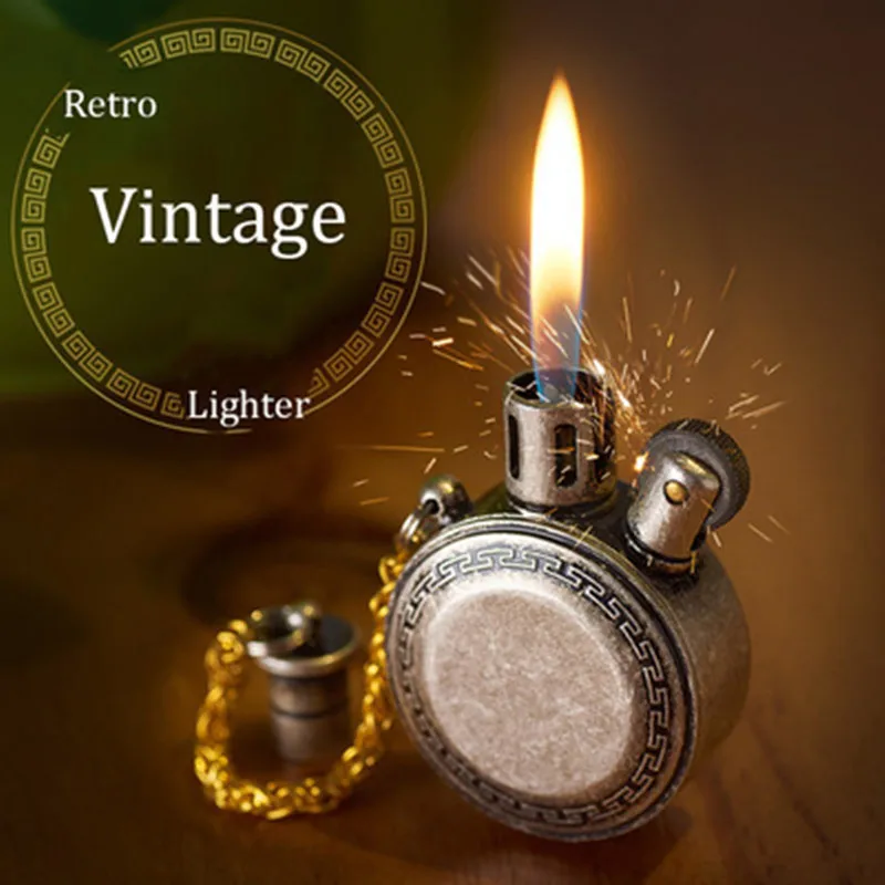 Classic Vintage Pocket Watch Kerosene Lighter Mini Portable Gasoline Lighter Oil Round Metal Unusual Collection Men\'s Gift