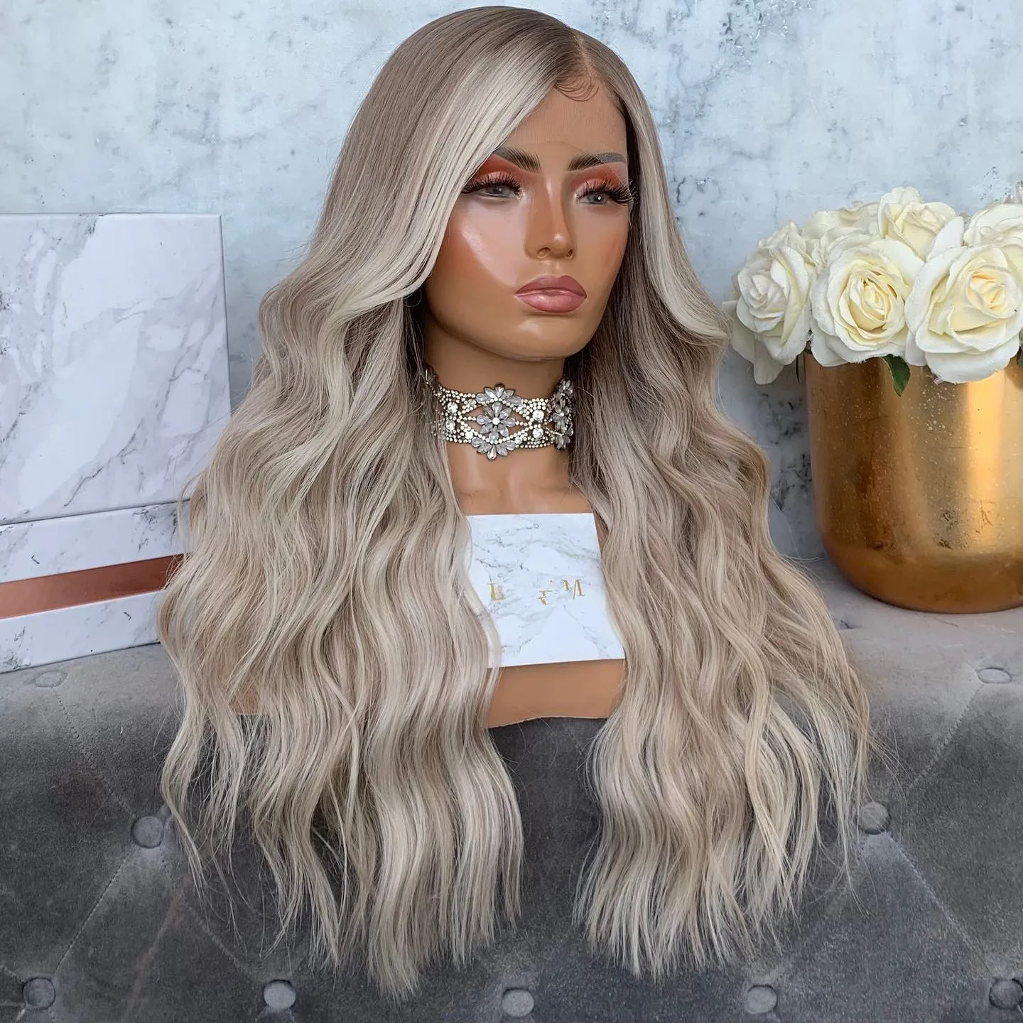 

Highlight Human Hair lace Frontal Wig Ash Roots HD Transparent Swiss Lace 13x4 lace Frontal Blonde Wig Natural Wave Ombre