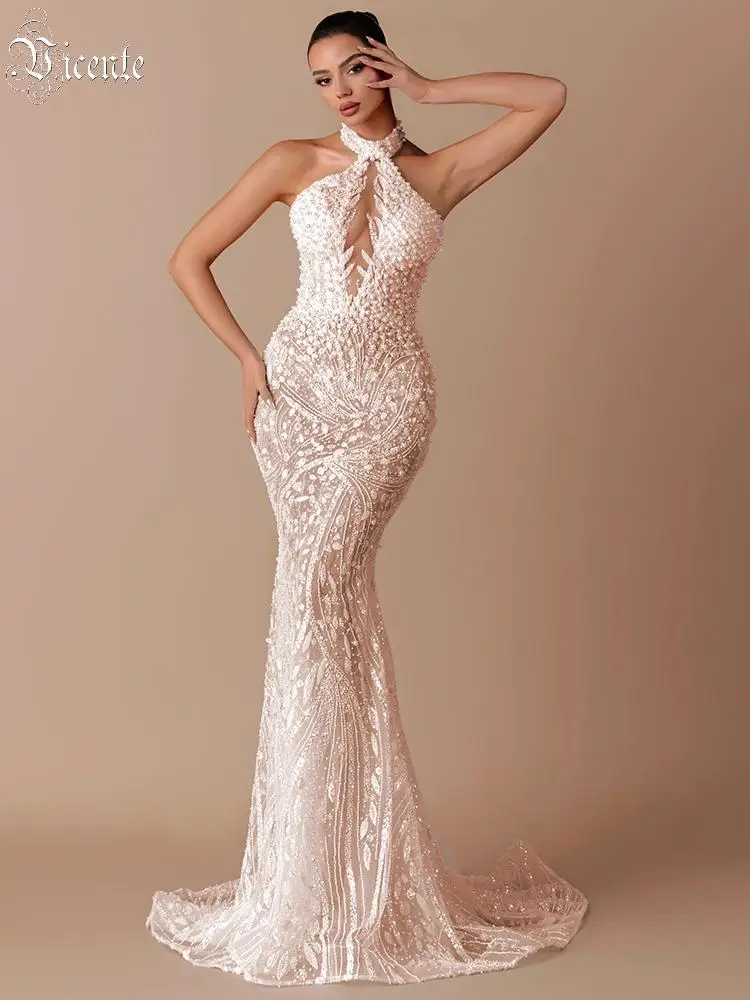 VC Evening Grace White Halter Gown with Pearl & Sequins Details Maxi Dress for Wedding Party